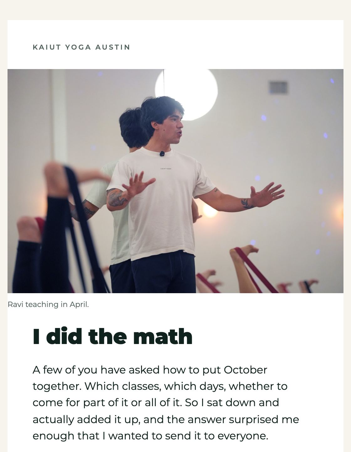 The Kaiut Yoga Austin email about Ravi's week.